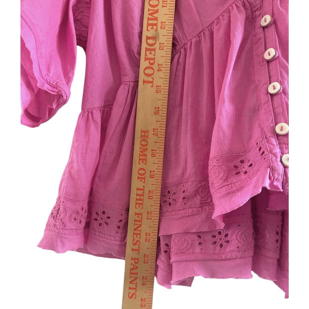 Free People Bella Blouse Cutwork Boho Cottage Hippie Fiji Flower Pink Top Large - Picture 12 of 13